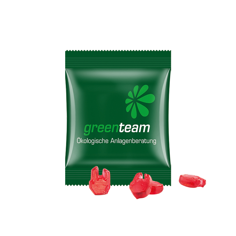 Minitüte Sonderform, 10 g, Folie kompostierbar weiß, Fruchtgummi, 10 % Fruchtsaftanteil