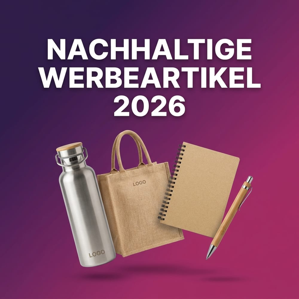 Nachhaltige Werbeartikel 2026 mit Logo-Druck – Edelstahl-Trinkflasche, Jute-Tasche, Recycling-Notizbuch und Bambus-Kugelschreiber