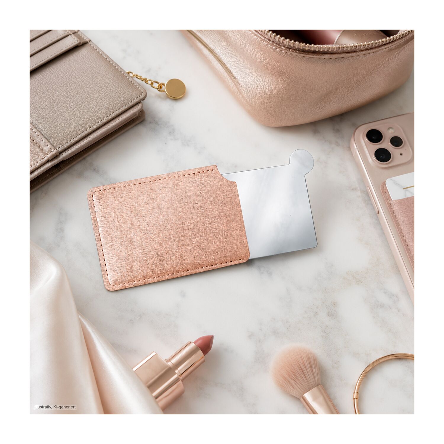 Taschenspiegel aus Edelstahl, im Etui (rosé)