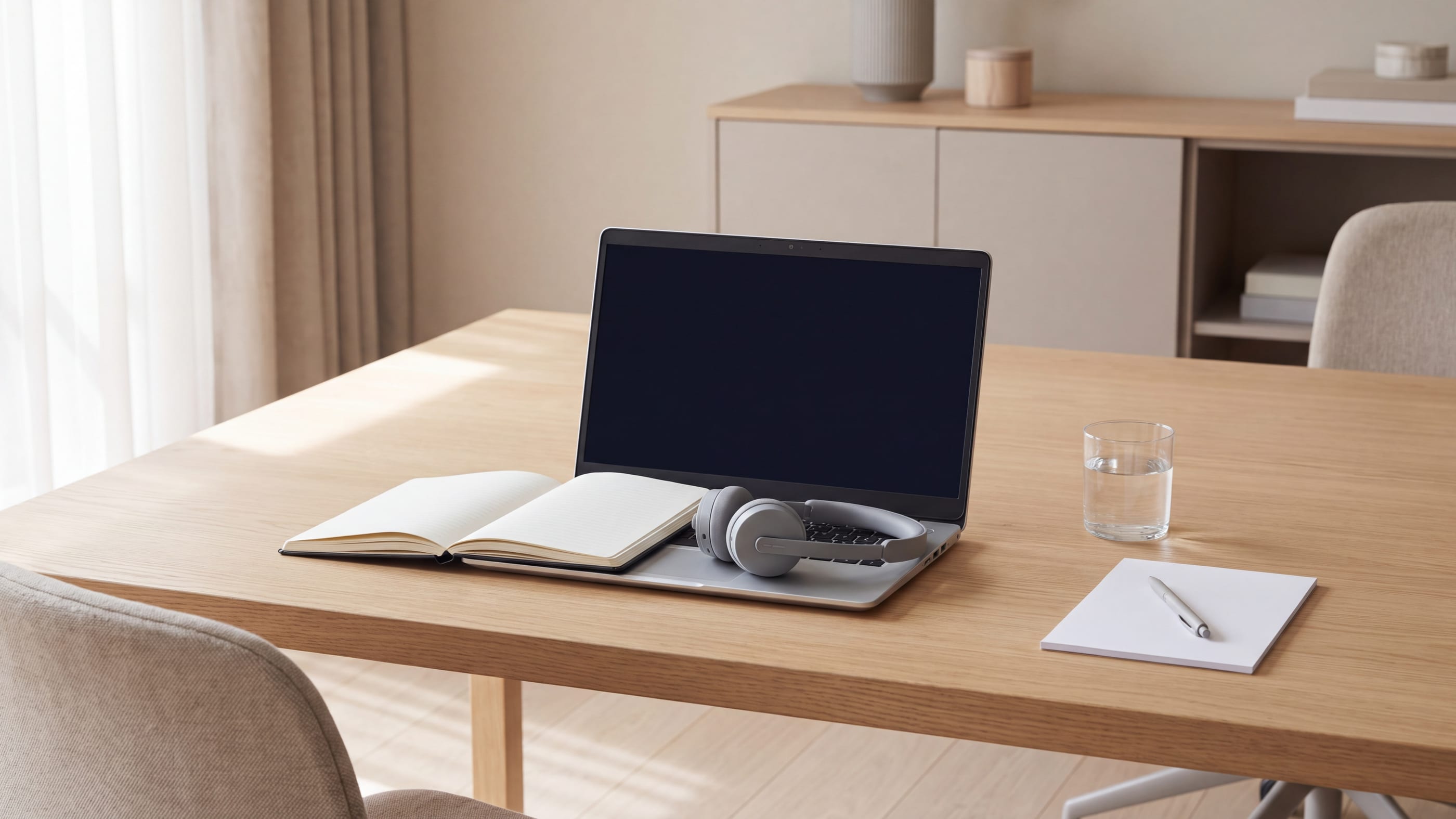 Ein aufgeräumter Tisch aus heller Eiche mit aufgeklapptem Notebook, einem grauen Headset auf der Tastatur, einem aufgeschlagenen leeren Notizbuch, einem Glas Wasser und einem unbeschriebenen Notizblock mit Stift