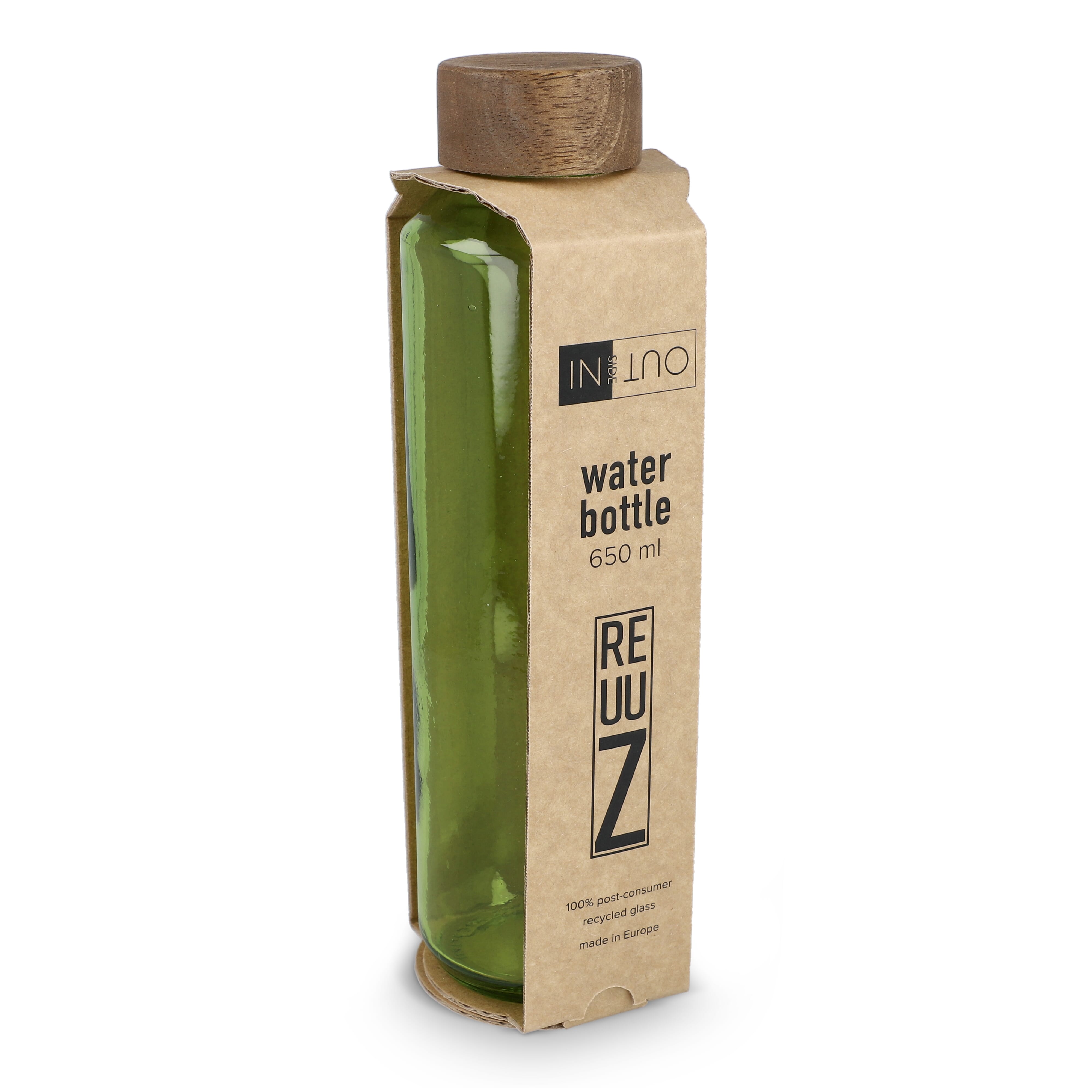 InSideOut Recycelte Glaswasserflasche ReuuZ mit Holzverschluss 650 ml