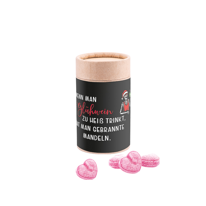 Papierdose Eco Midi mit kandierten Glühweinherzen-Bonbons Papierdose Eco Midi mit kandierten Glühweinherzen-Bonbons