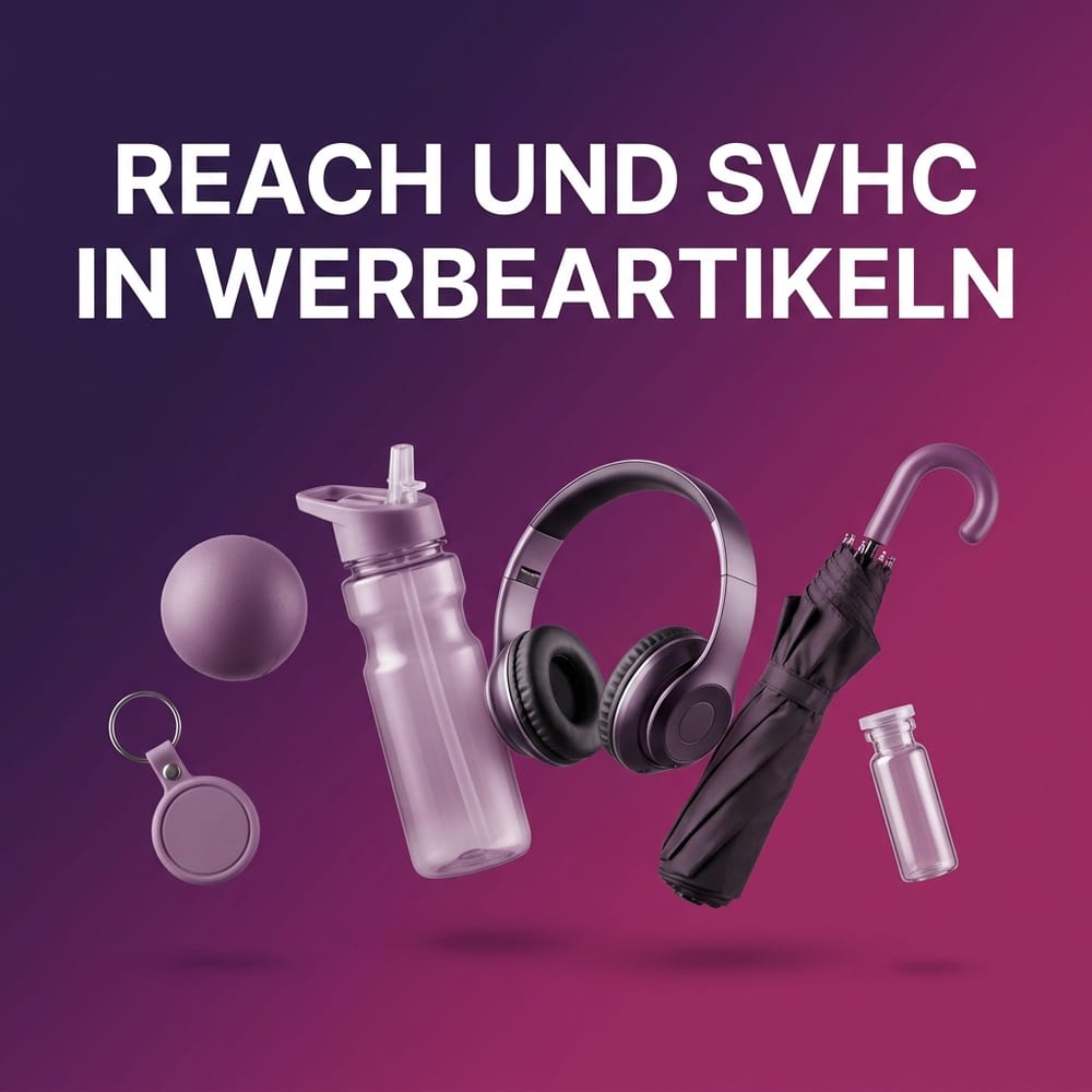 REACH und SVHC bei Werbeartikeln – Stressball, Schlüsselanhänger, Trinkflasche, Kopfhörer und Regenschirm mit Kunststoff- und Gummiteilen