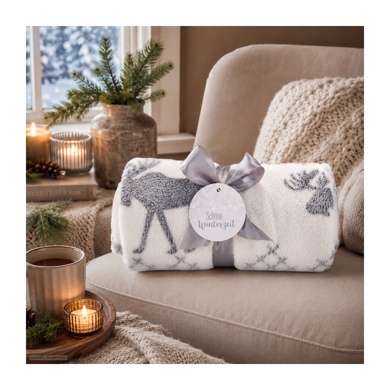 Kuscheldecke Rudolph weiß / grau - 120 x 150 cm, 190 g / m²