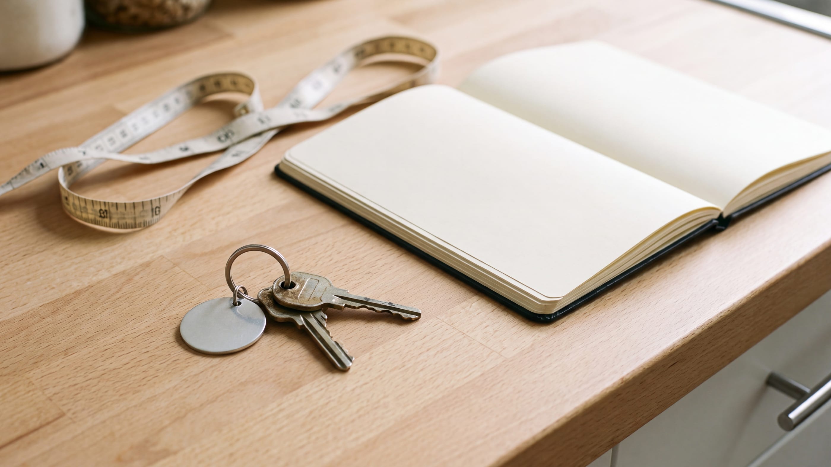 Ein Bund mit zwei Wohnungsschlüsseln und einem unbedruckten Metallanhänger liegt auf einem hellen Küchentresen, daneben ein aufgeschlagenes Notizbuch und ein flaches Maßband.
