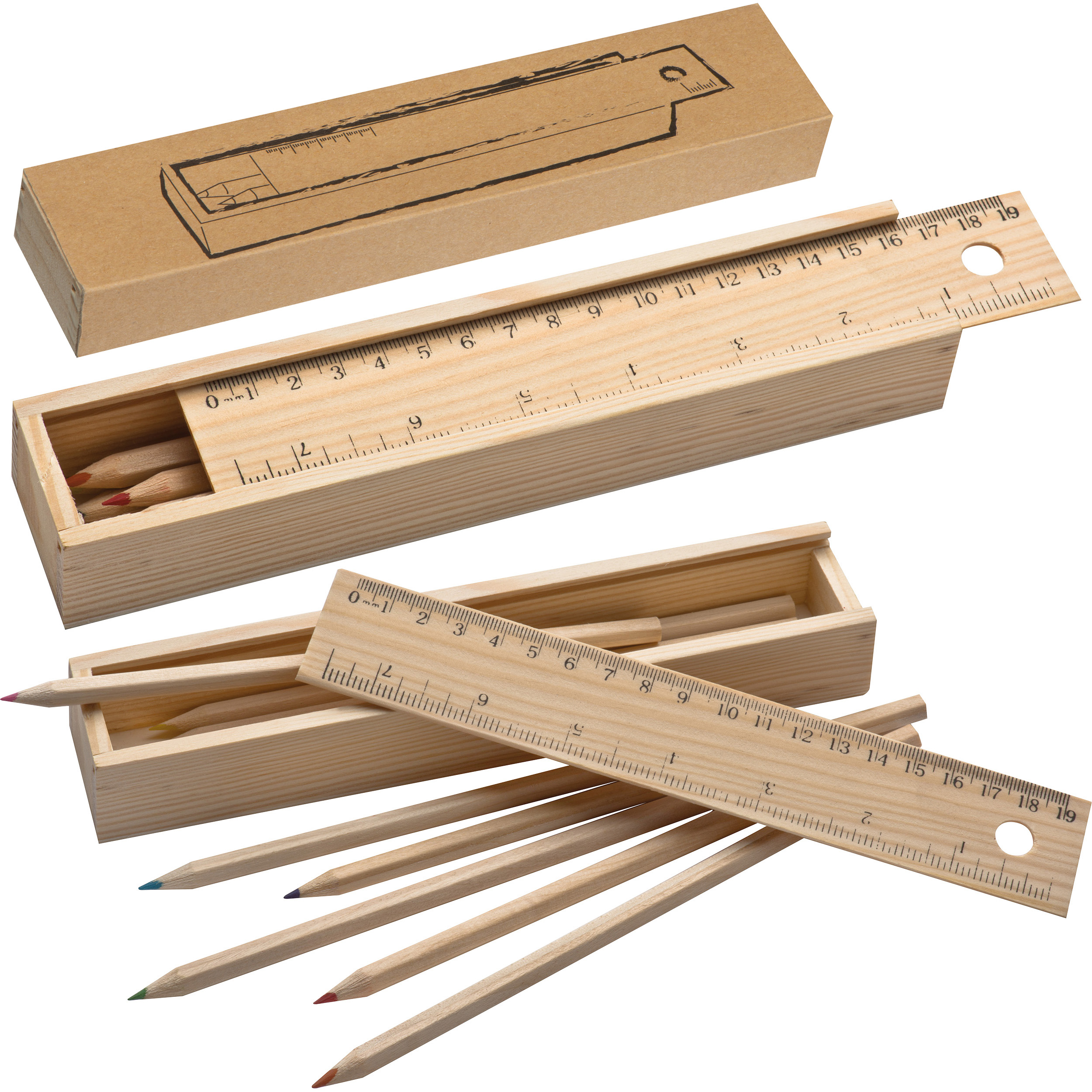 Holzbox mit 8 Buntstiften und Lineal Holzbox mit 8 Buntstiften und Lineal