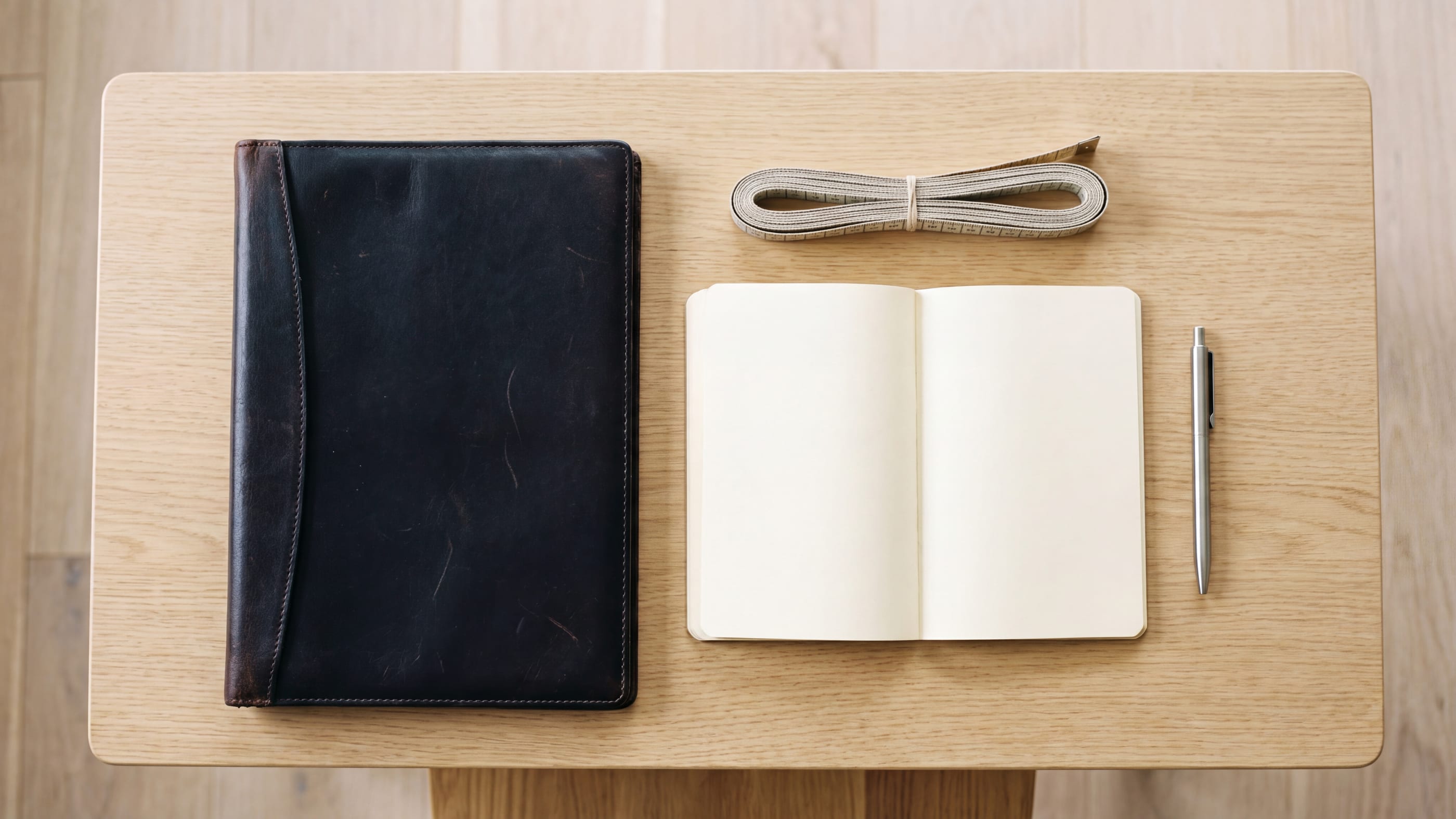 Auf einem hellen Tisch liegen nebeneinander eine geschlossene dunkle Dokumentenmappe, ein aufgeschlagenes leeres Notizbuch, ein schmales Maßband und ein Kugelschreiber, alle ohne Aufdruck.