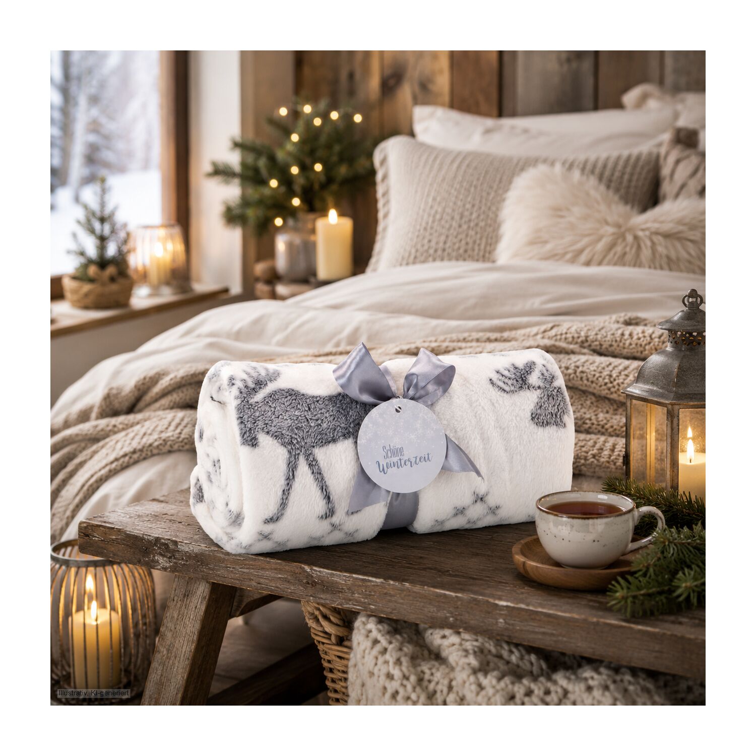 Kuscheldecke Rudolph weiß / grau - 120 x 150 cm, 190 g / m²