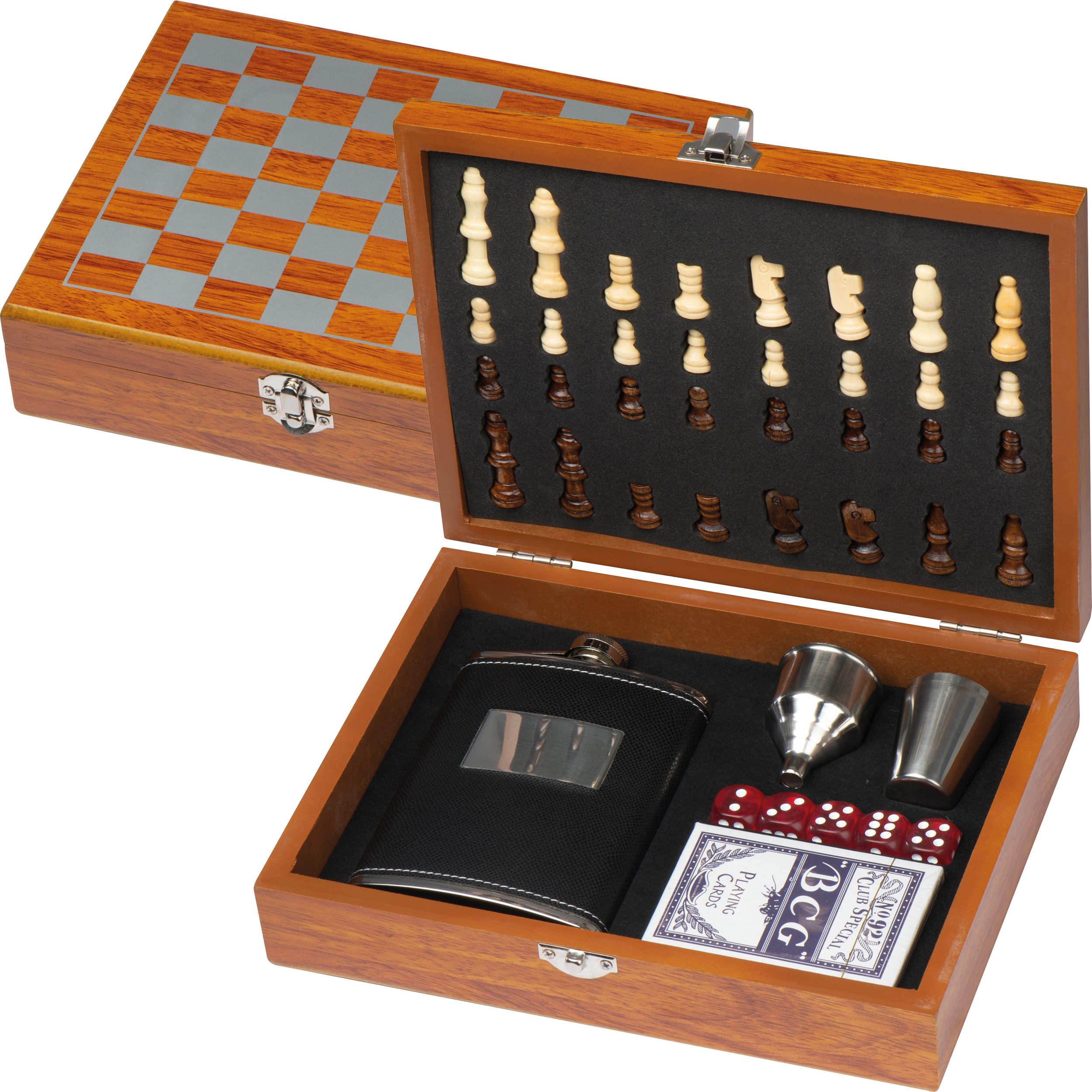 Spieleset mit Flachmann, Schach- und Kartenspiel Spieleset mit Flachmann, Schach- und Kartenspiel