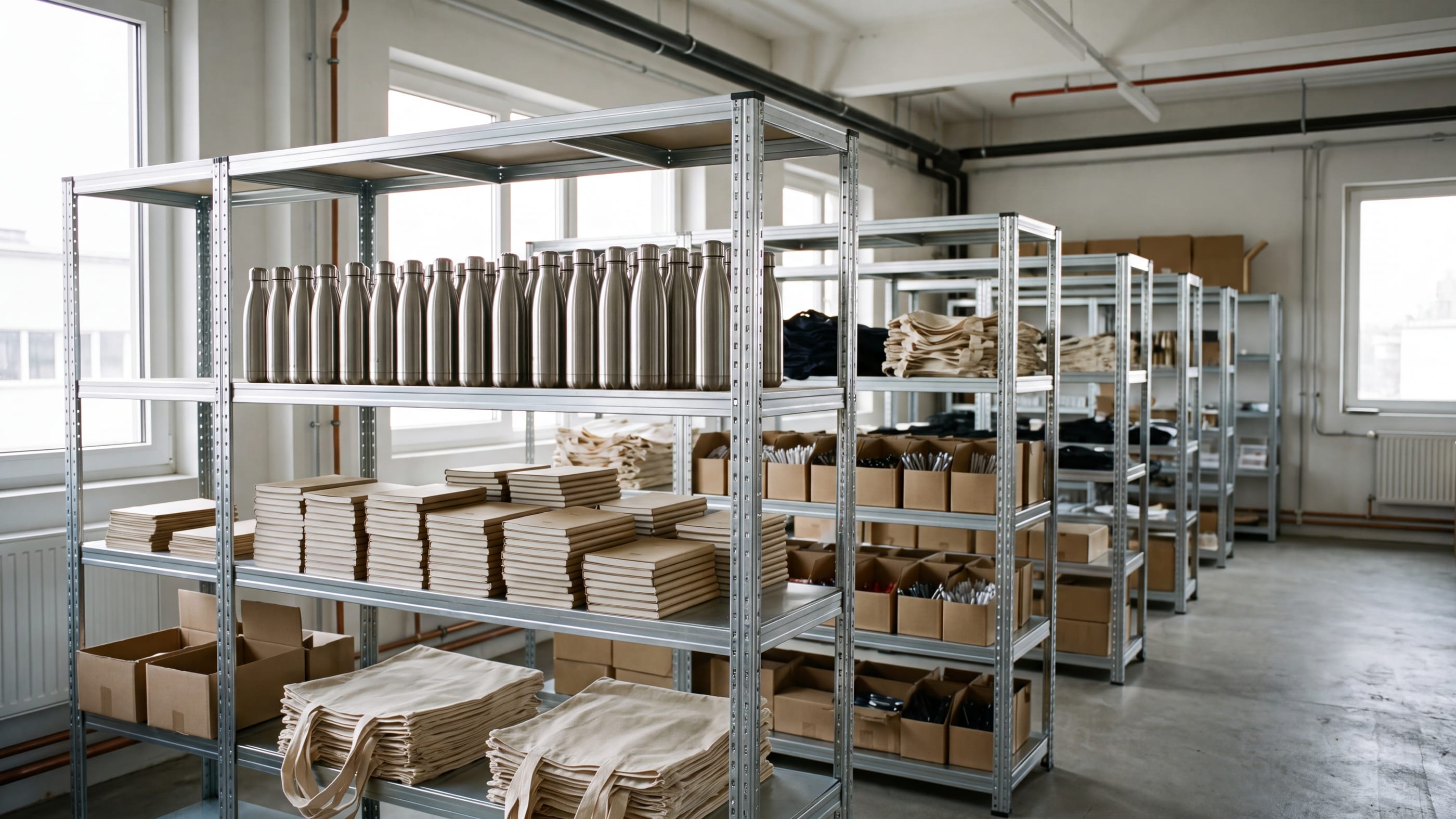 Helle Metallregale in einem Musterlager, darauf unbedruckte Trinkflaschen, Notizbücher, Stoffbeutel und Kugelschreiber in offenen Kartons