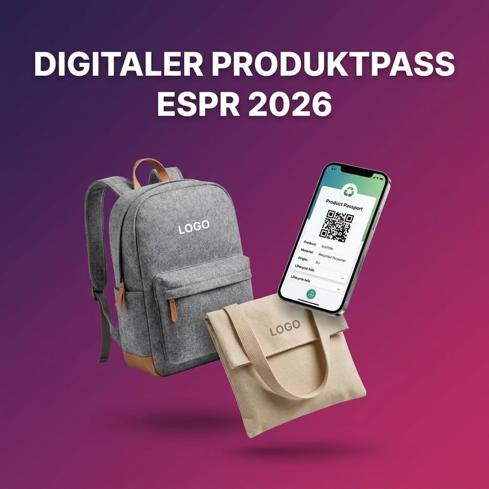 Digitaler Produktpass und ESPR für Werbeartikel – Recycling-Filz-Rucksack, faltbare Stofftasche und Smartphone mit QR-Code-Produktpass und Logo-Druck