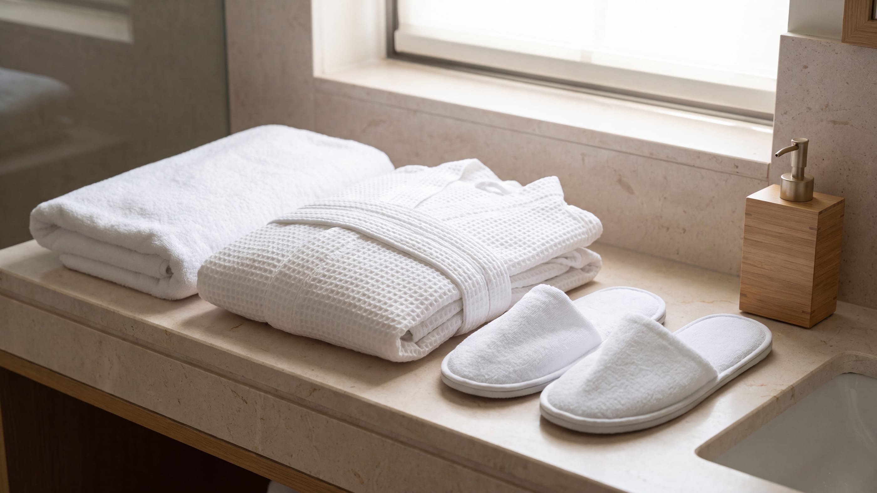 Auf einer hellen Ablage in einem Hotelbad liegen ein gefaltetes weißes Frotteehandtuch, ein zusammengelegter Bademantel und ein Paar unbenutzter Schlappen nebeneinander, daneben steht ein nachfüllbarer Seifenspender aus Bambus.