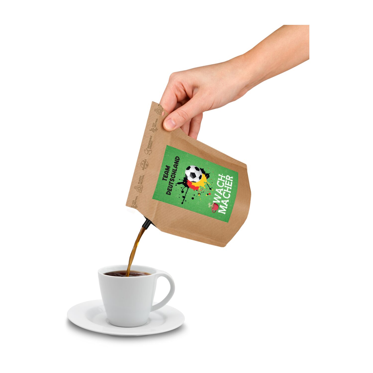 Geschenkartikel / Präsentartikel: Fußball Team Deutschland Wachmacher, wiederverwendbarer Brühbeutel mit Fairtrade Kaffee