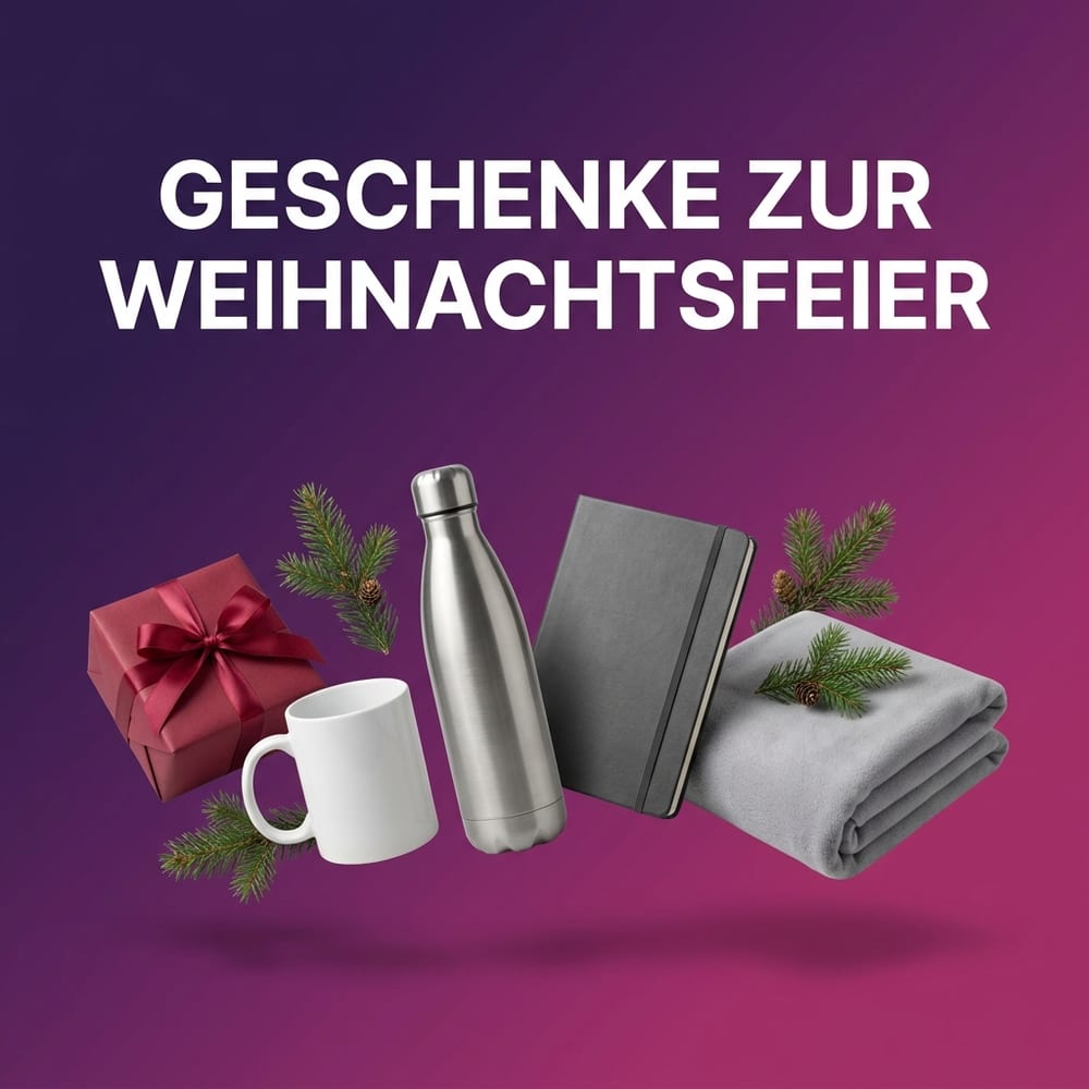 Geschenke zur Weihnachtsfeier – Geschenkbox mit Schleife, Keramiktasse, Isolierflasche, Notizbuch und gefaltete Fleecedecke vor violettem Farbverlauf