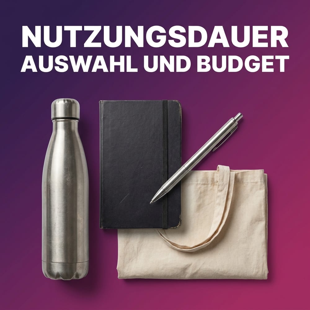 Langlebige Werbeartikel im Alltag – gebrauchte Edelstahl-Trinkflasche, Notizbuch, Stift und Baumwolltasche auf einem Schreibtisch