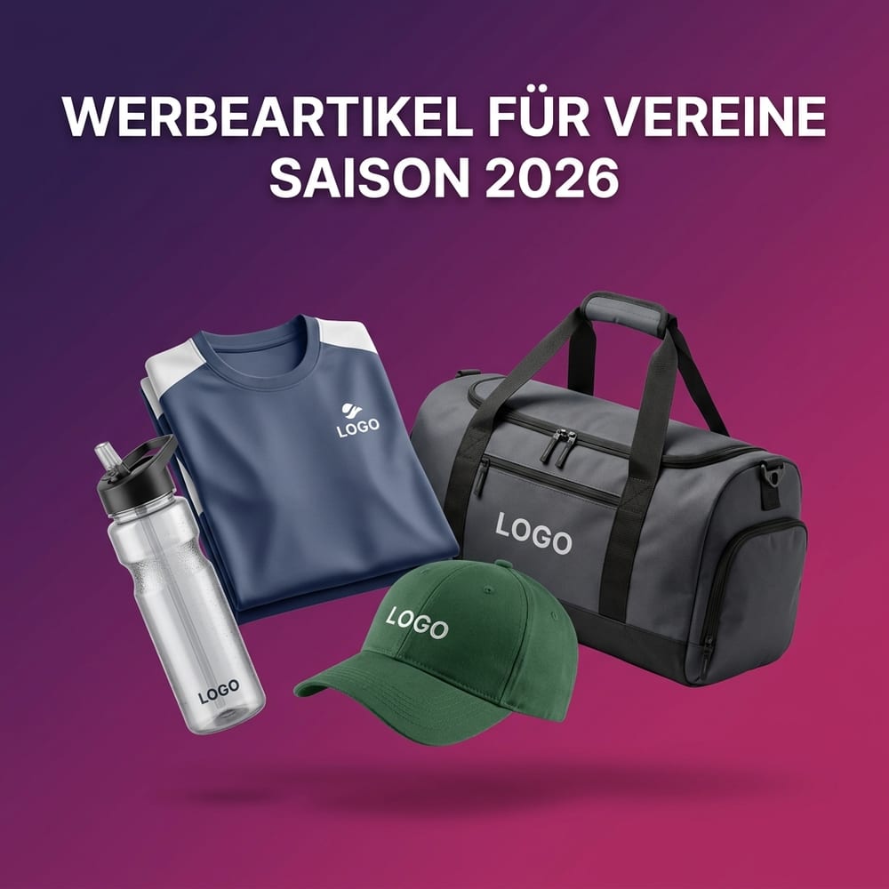 Werbeartikel für Vereine und Sportvereine – Sporttrikot, Sport-Trinkflasche, Sporttasche und Baseball-Cap mit neutralem Logo-Druck zum Saisonstart