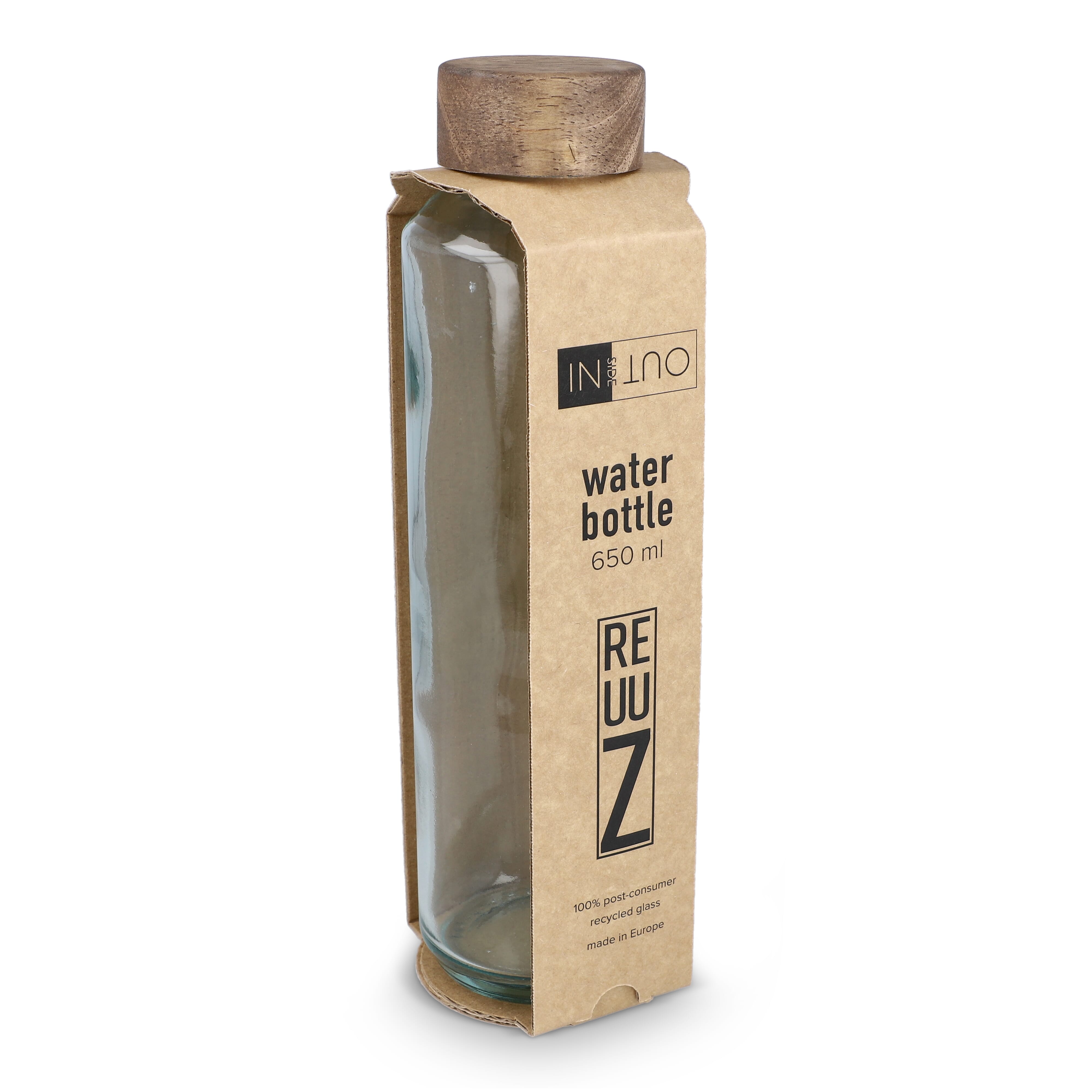 InSideOut Recycelte Glaswasserflasche ReuuZ mit Holzverschluss 650 ml