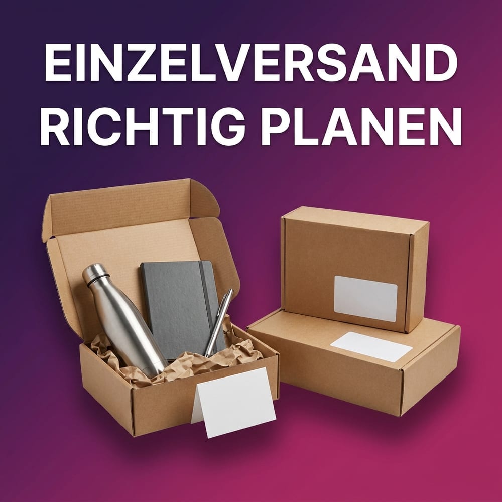 Werbeartikel im Einzelversand – geöffneter Versandkarton mit Trinkflasche, Notizbuch, Kugelschreiber und Begleitkarte neben zwei verschlossenen Versandkartons