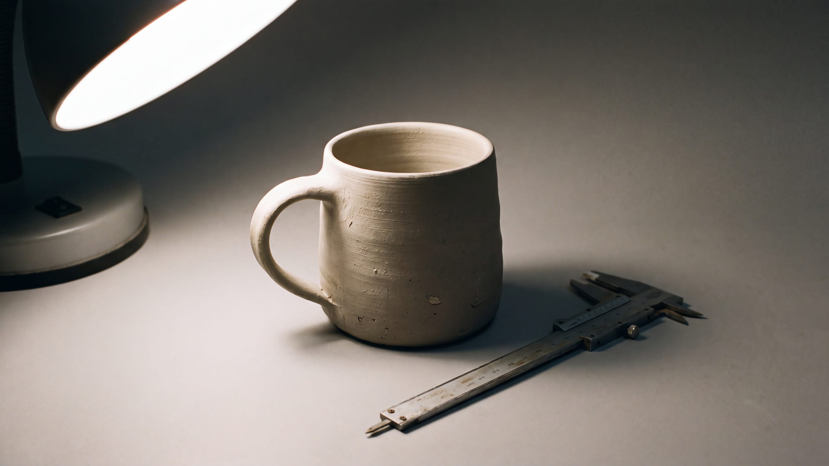 Ein unbedruckter Keramikbecher unter einer Arbeitsleuchte, das Streiflicht zeigt die Oberfläche; daneben ein Messschieber
