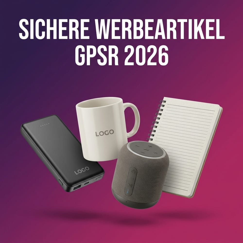 GPSR-konforme Werbeartikel mit Logo-Druck – Powerbank, Tasse, Bluetooth-Lautsprecher und Notizbuch