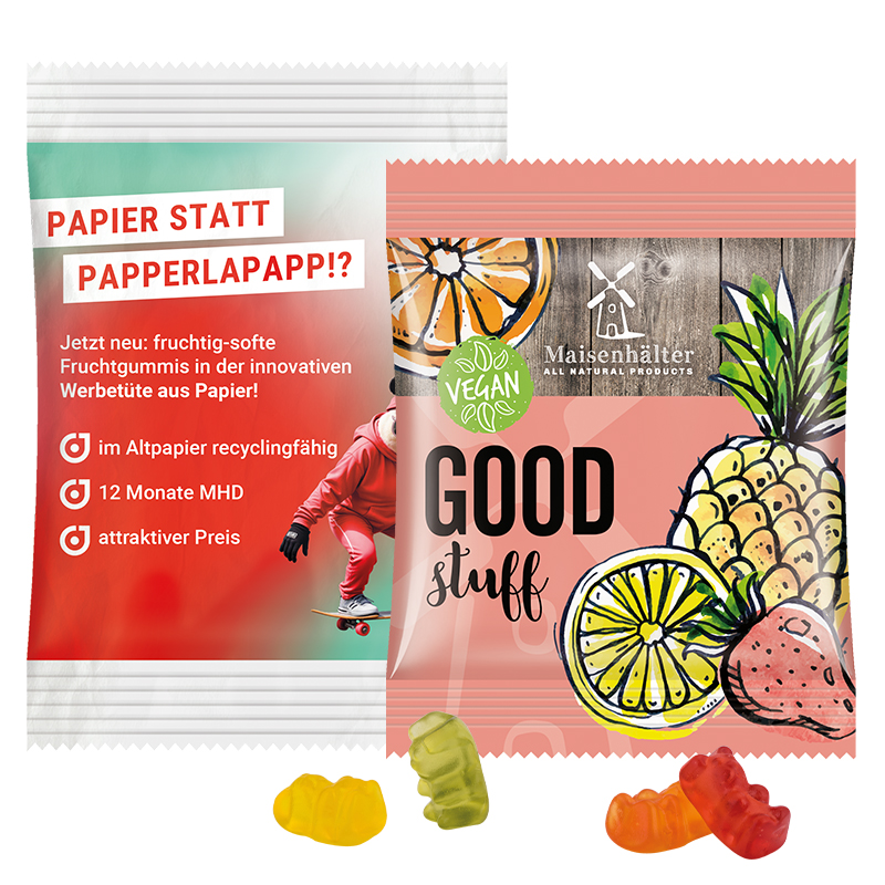 Minitüte 12 g, weiße Folie, Trolli Vegane Gummibärchen, 14% Fruchtsaft