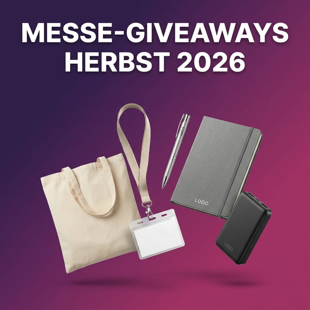 Messe-Werbeartikel und Giveaways für die Herbst-Messesaison 2026 – bedruckte Baumwolltasche, Lanyard mit Ausweis, Kugelschreiber, Notizbuch und Powerbank mit Logo-Druck schwebend vor violettem Verlauf