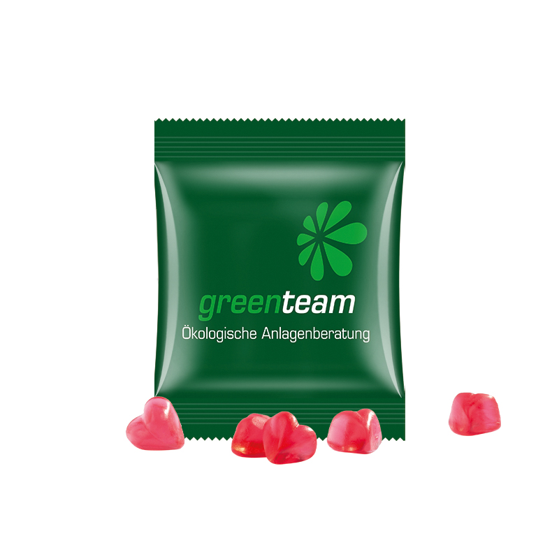 Minitüte,15 g, kompostierbare Folie weiß, Trolli Fruchtgummi Herz rot Minitüte,15 g, kompostierbare Folie weiß, Trolli Fruchtgummi Herz rot