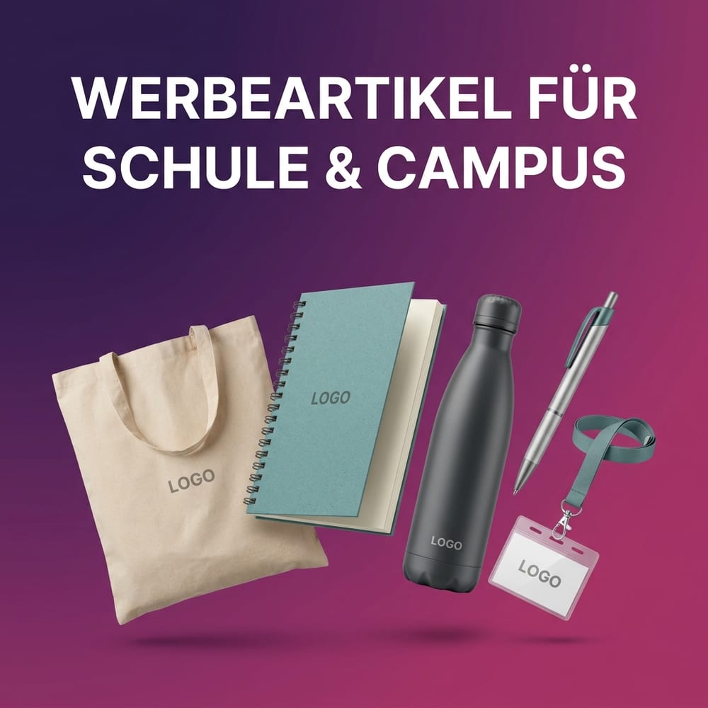Werbeartikel für Erstsemester und Campus mit Logo – Jutebeutel, Notizbuch, Trinkflasche, Kugelschreiber und Lanyard