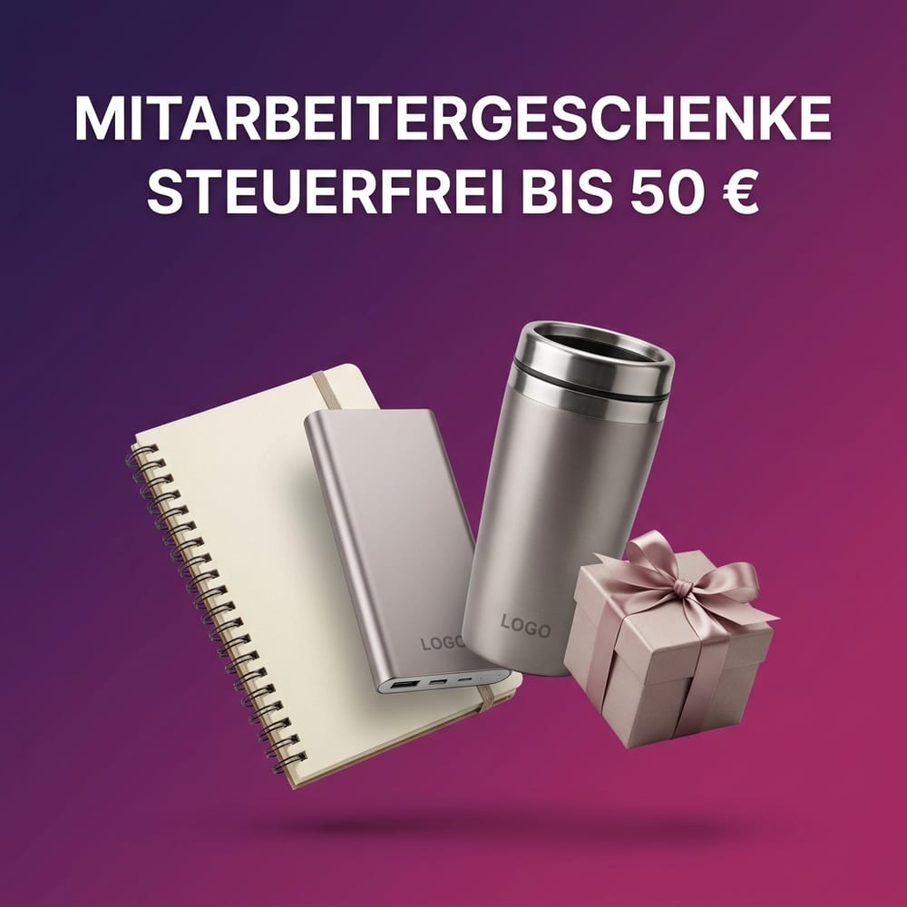 Steuerfreie Mitarbeitergeschenke als Werbeartikel – Thermobecher, Powerbank und Notizbuch mit Logo-Druck