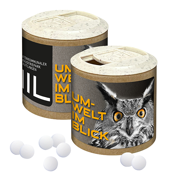 Papier-Werbedose mit Pfefferminzpastillen, 72g Papier-Werbedose mit Pfefferminzpastillen, 72g