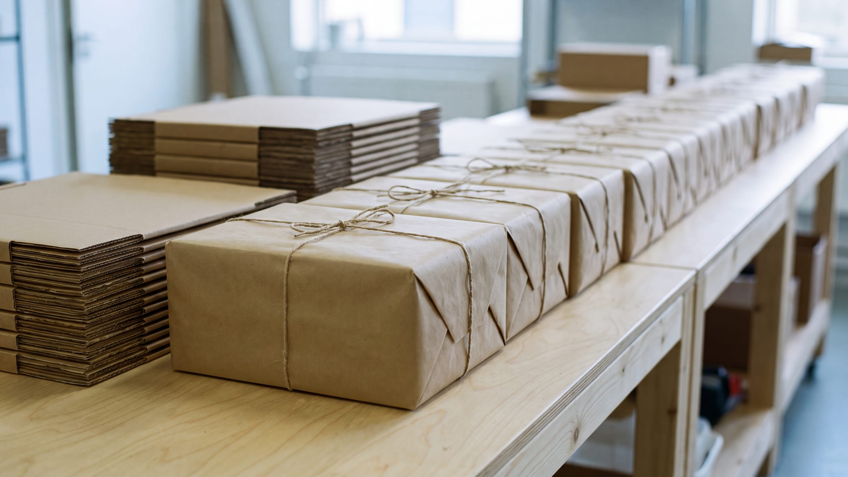 Eine Reihe gleich großer, mit Naturbindfaden verschnürter Kraftpapierpakete auf einem hellen Packtisch, daneben Stapel flacher Versandschachteln, nach hinten unscharf werdend.