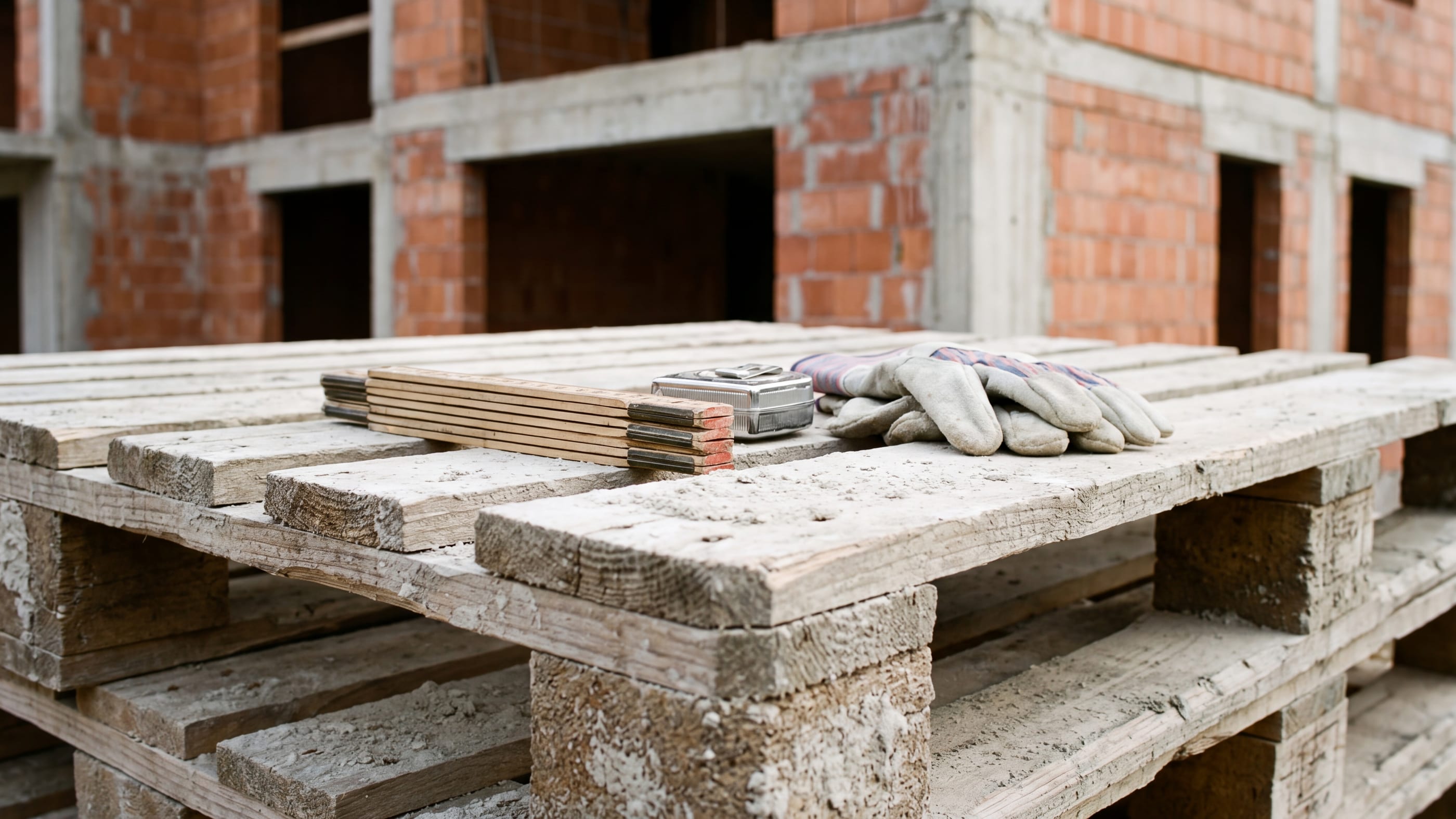 Auf einer Palettenecke vor einem unverputzten Rohbau liegen nebeneinander ein zusammengeklappter Gliedermaßstab, ein Rollbandmaß und ein Paar unbenutzter Arbeitshandschuhe, alles leicht mit hellem Staub bedeckt.