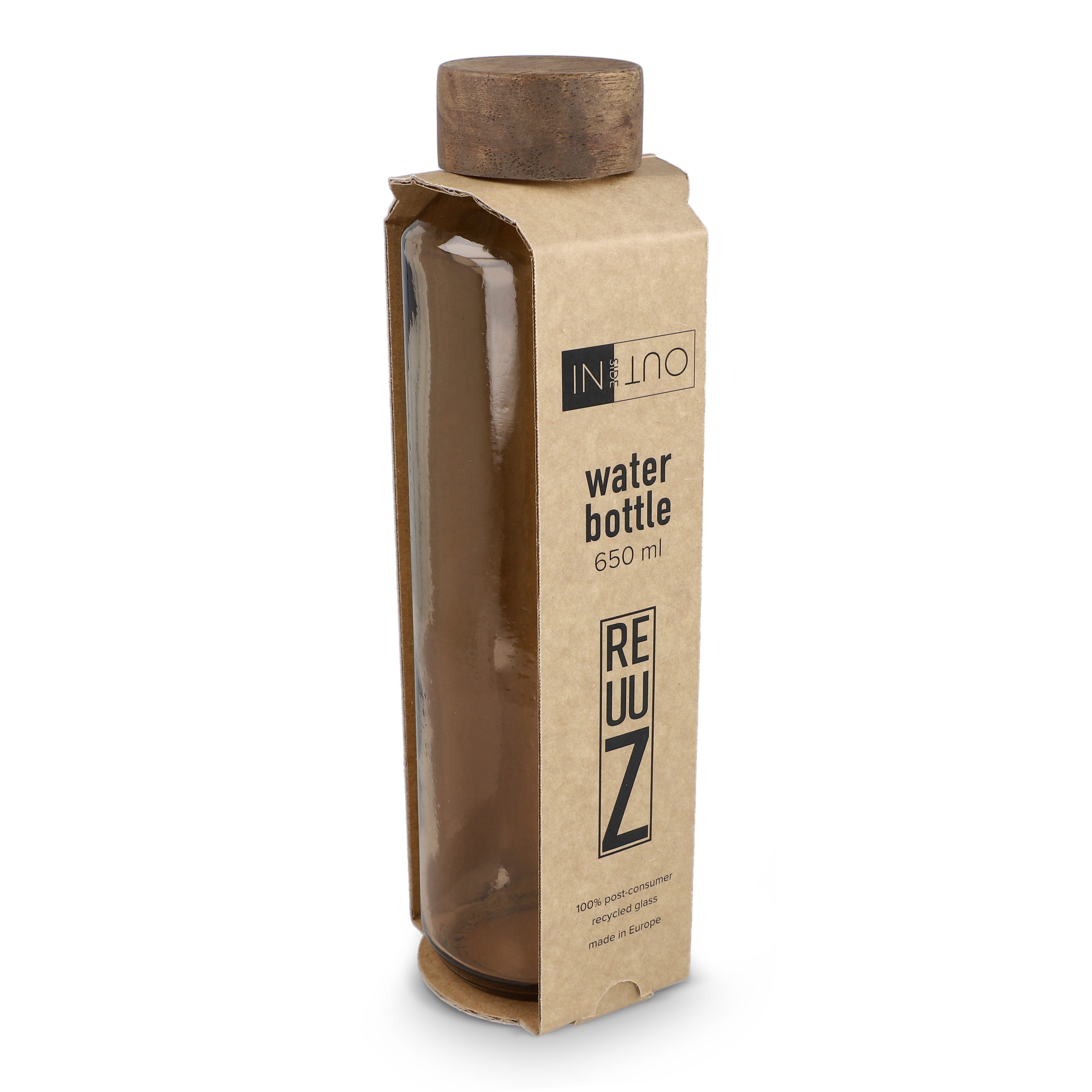 InSideOut Recycelte Glaswasserflasche ReuuZ mit Holzverschluss 650 ml