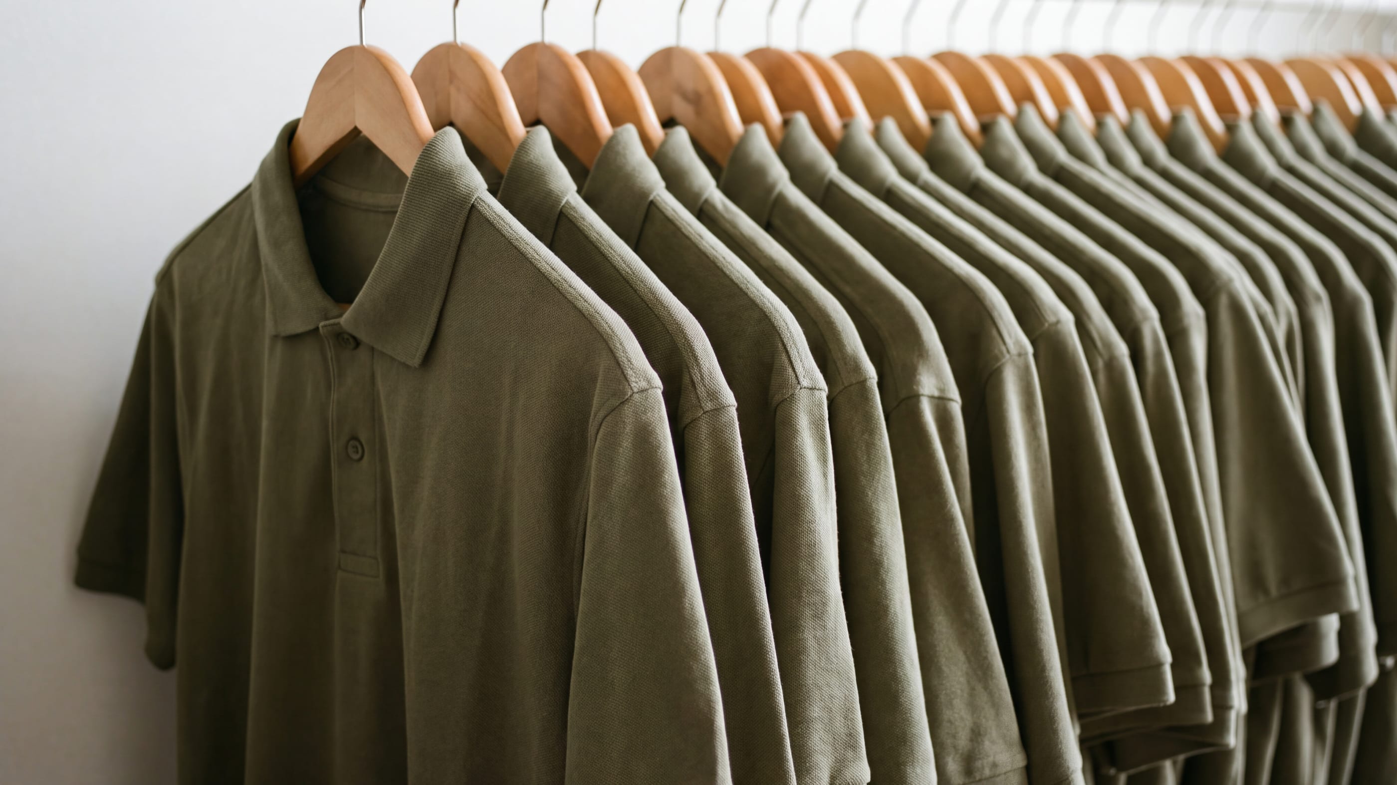 Kleiderstange mit dicht nebeneinander hängenden schlichten olivgrünen Poloshirts auf gleichen Holzbügeln vor einer hellen Wand.