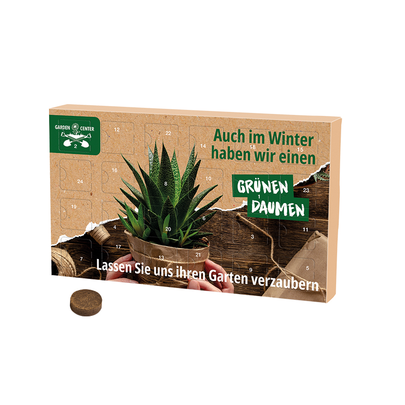 Wachsender Adventskalender Eco L, Papierblister, 24 Samentütchen & Substrattabletten