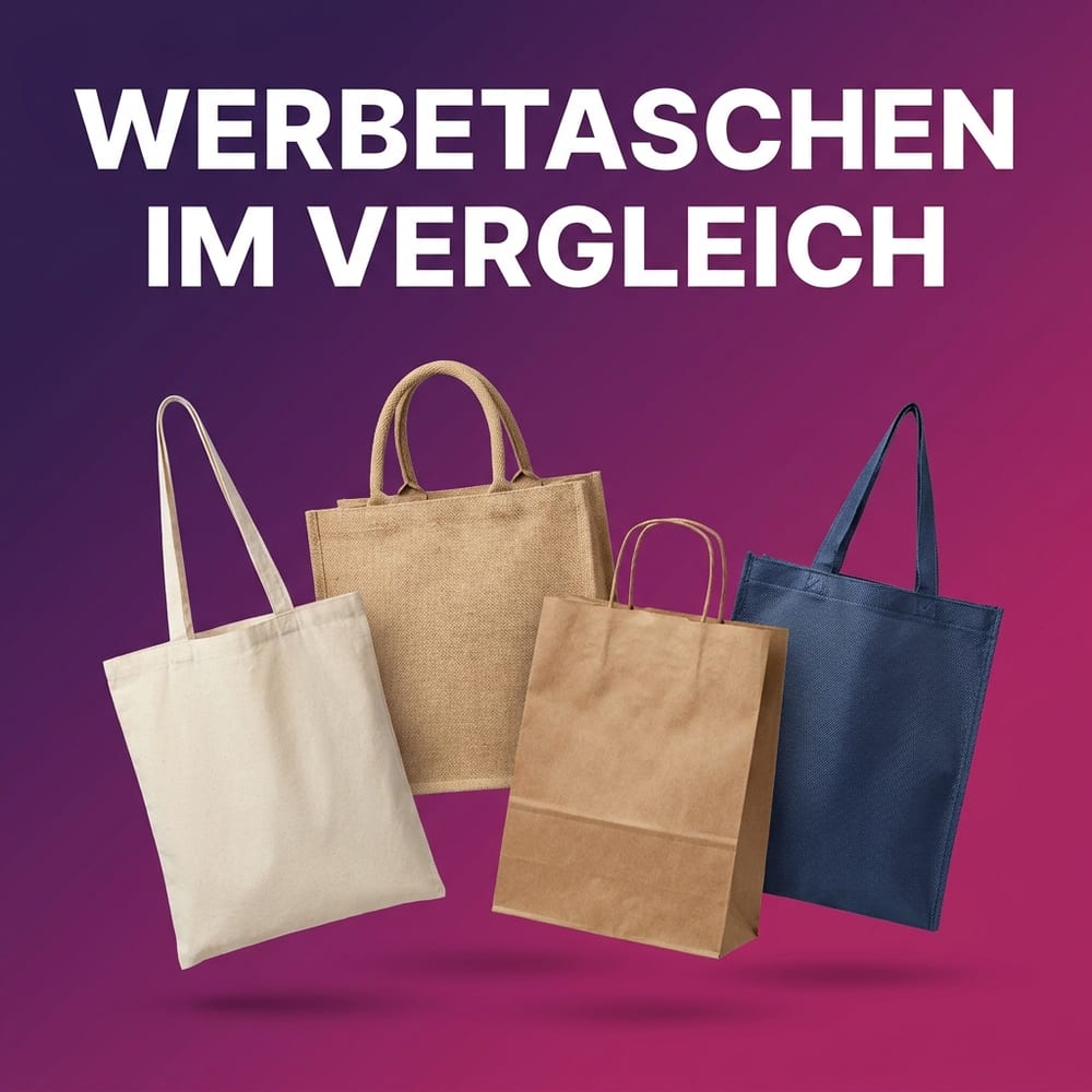 Werbetaschen im Vergleich – Baumwolltasche, Jutetasche, Papiertasche und Einkaufstasche aus recyceltem Polyester frei schwebend vor violettem Farbverlauf