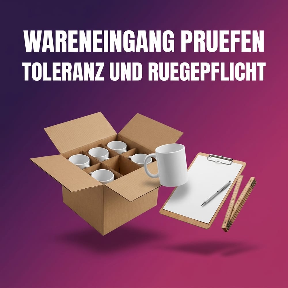 Wareneingang von Werbeartikeln – geöffneter Versandkarton mit bedruckten Tassen, Lieferschein und Klemmbrett auf einem Lagertisch