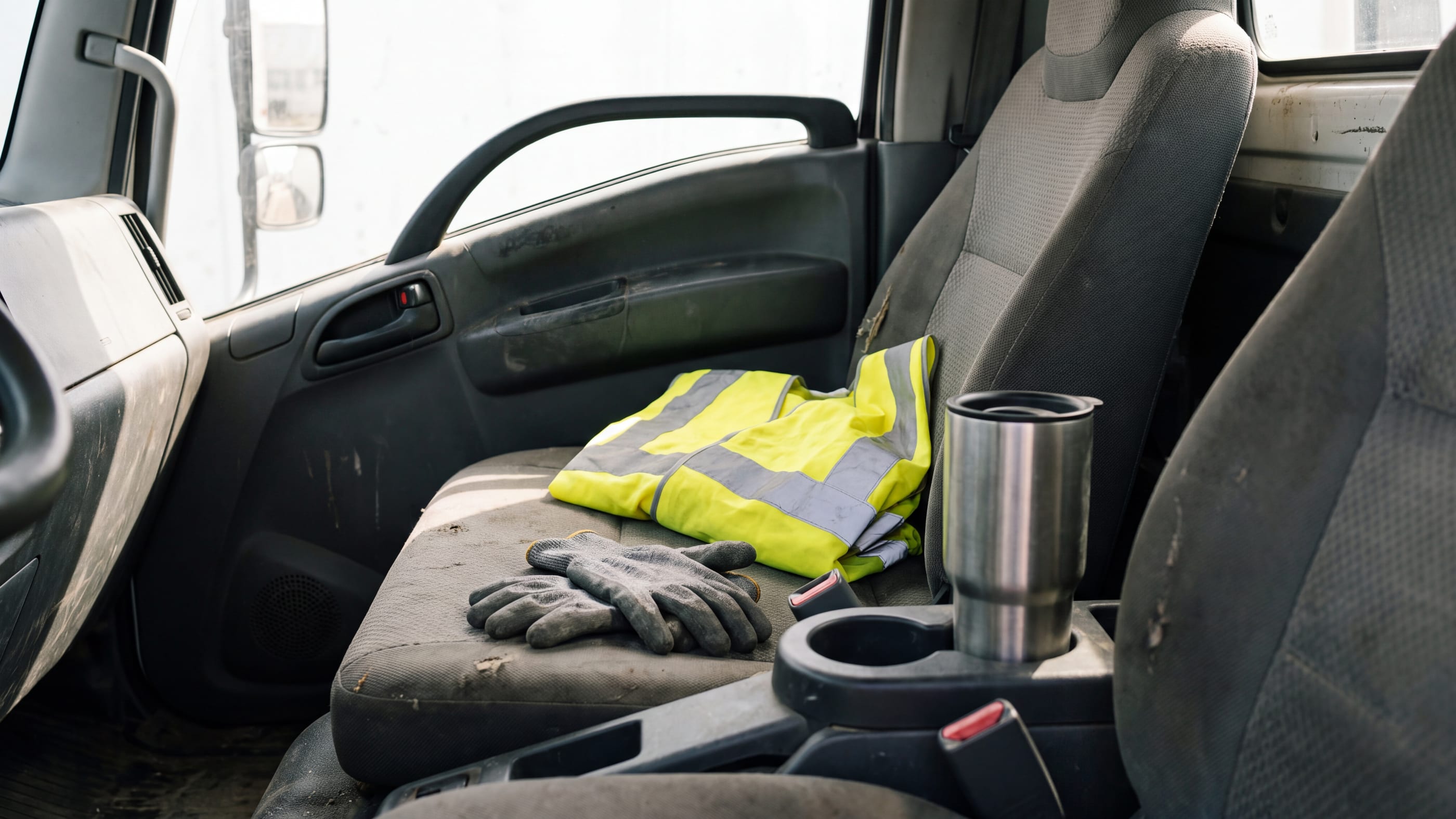 Auf einem Fahrersitz liegen eine zusammengelegte unbedruckte Warnweste, graue Arbeitshandschuhe und ein Thermobecher aus Edelstahl, daneben der Getränkehalter der Mittelkonsole.