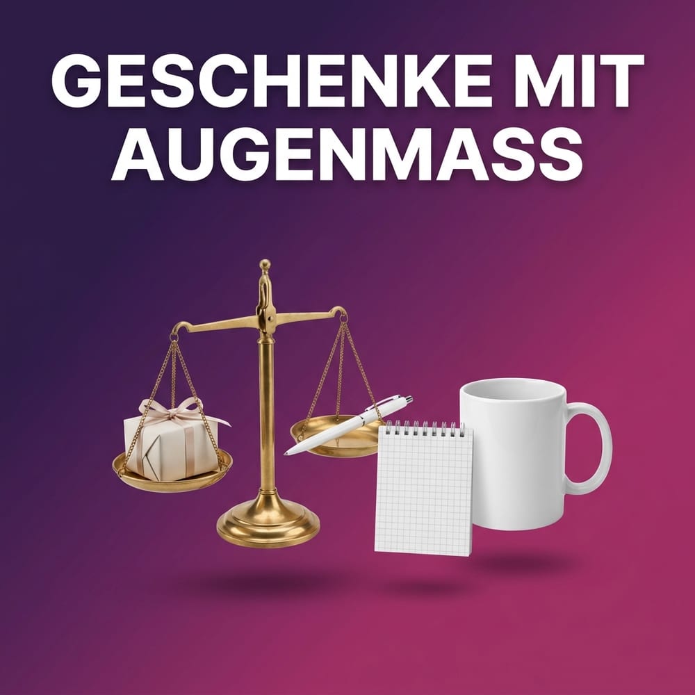 Werbegeschenke an Amtsträger – kleine Messingwaage mit schlichtem Geschenkpaket und Kugelschreiber, daneben Notizblock und weiße Tasse vor violettem Farbverlauf