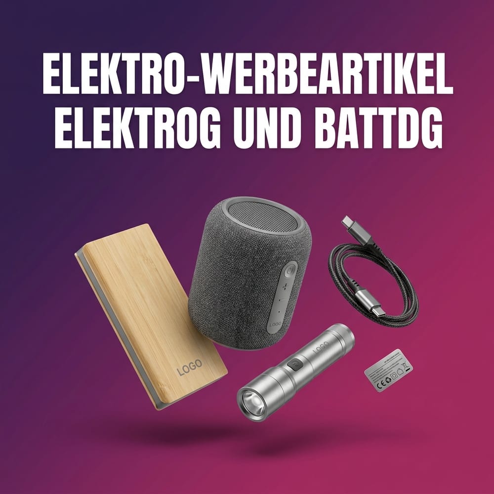 Elektro-Werbeartikel mit Logo – Powerbank aus Bambus, kompakter Lautsprecher, Akku-Taschenlampe und Ladekabel mit Herstellerkennzeichnung