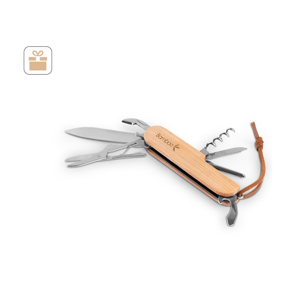 RYKER Multifunktionales Taschenmesser aus Bambus und Edelstahl mit PU-Griff