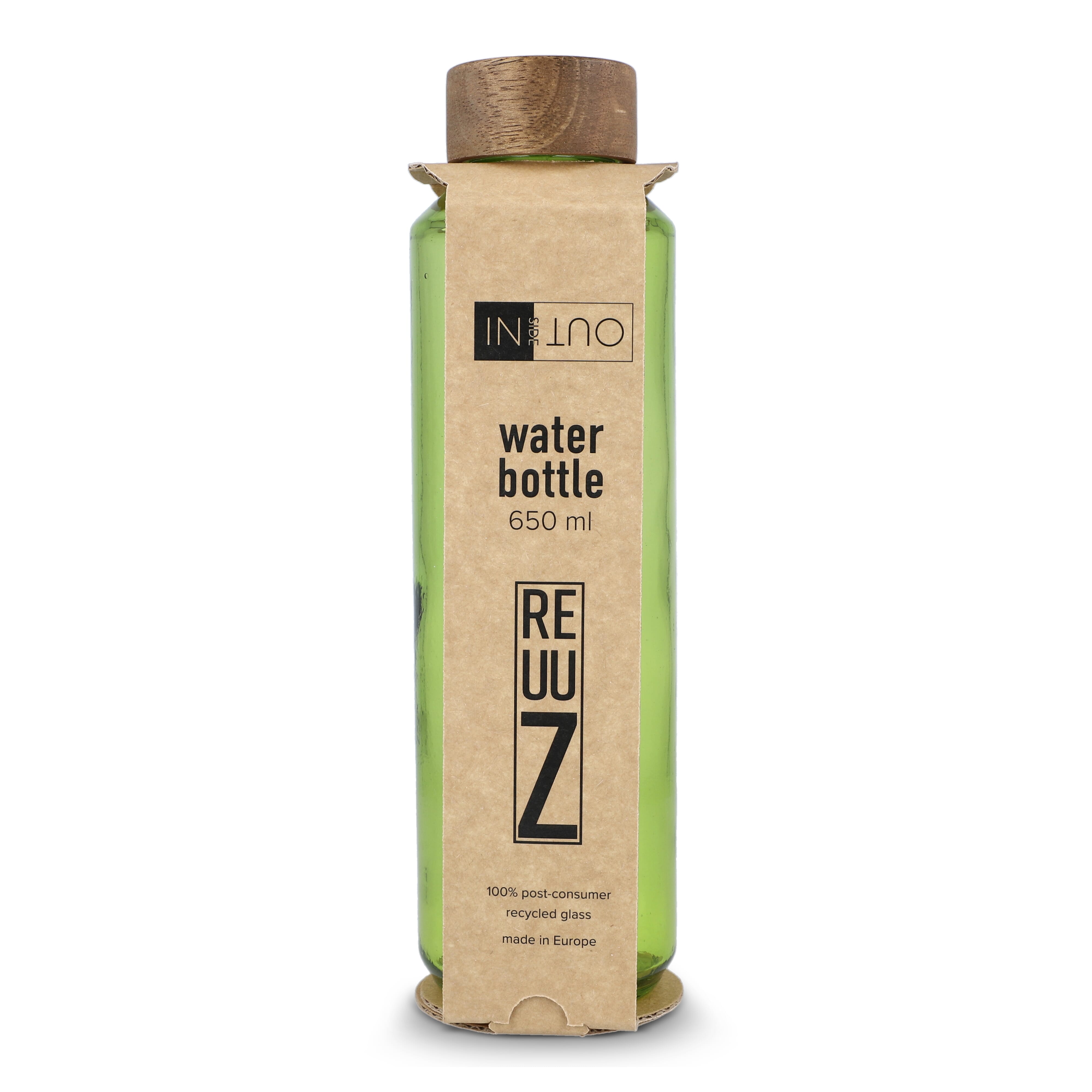 InSideOut Recycelte Glaswasserflasche ReuuZ mit Holzverschluss 650 ml