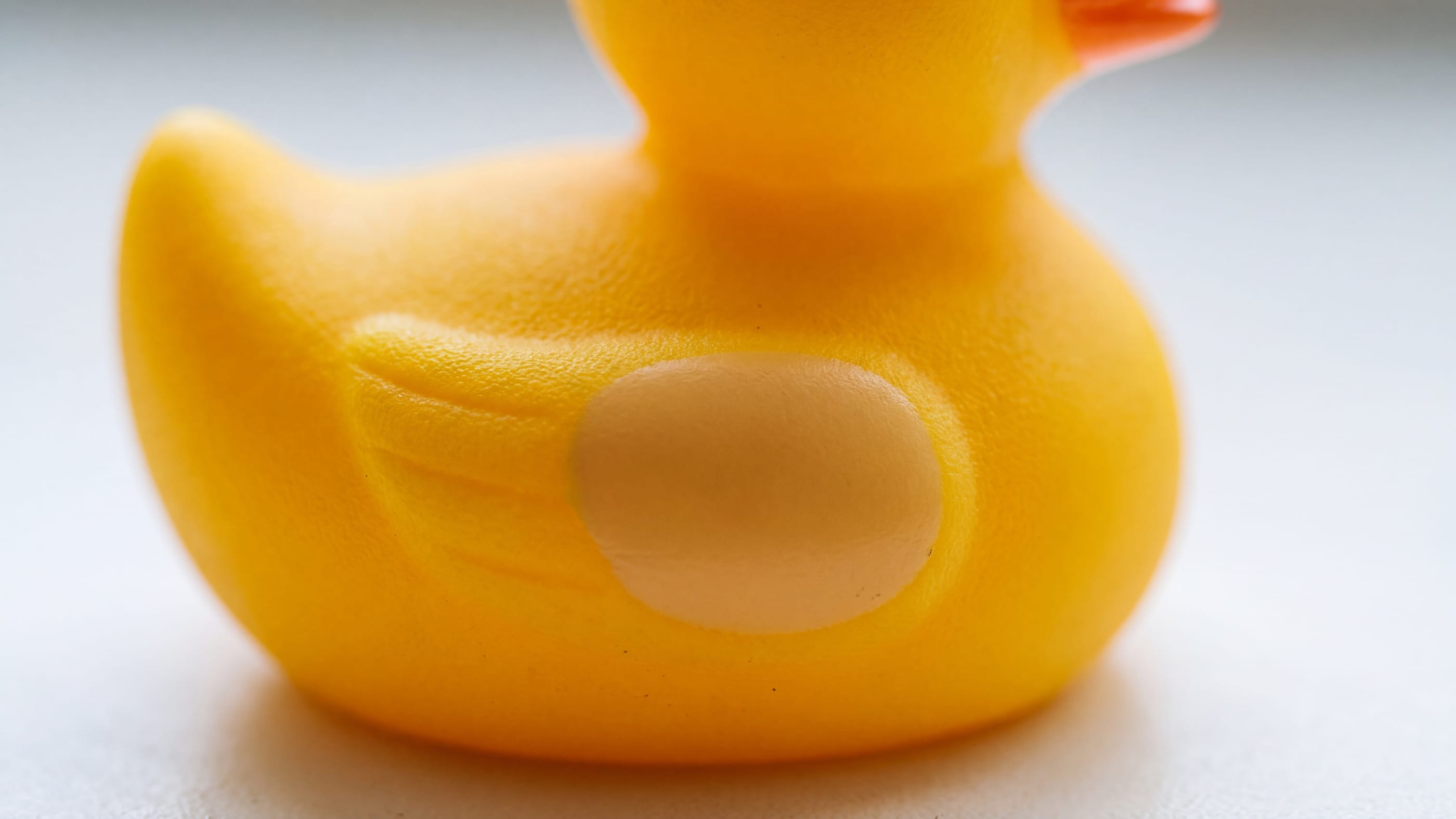 Nahaufnahme einer gelben Gummiente von der Seite, deren Flanke eine kleine glatte unbedruckte Fläche zwischen Flügelansatz und Bauch zeigt.