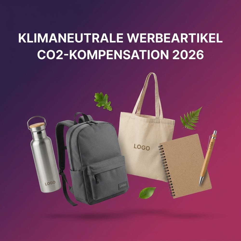 Klimaneutrale Werbeartikel und CO2-Kompensation – recycelte Trinkflasche, RPET-Rucksack, Bio-Baumwolltasche, Recyclingpapier-Notizbuch und Bambus-Kugelschreiber mit Logo-Druck