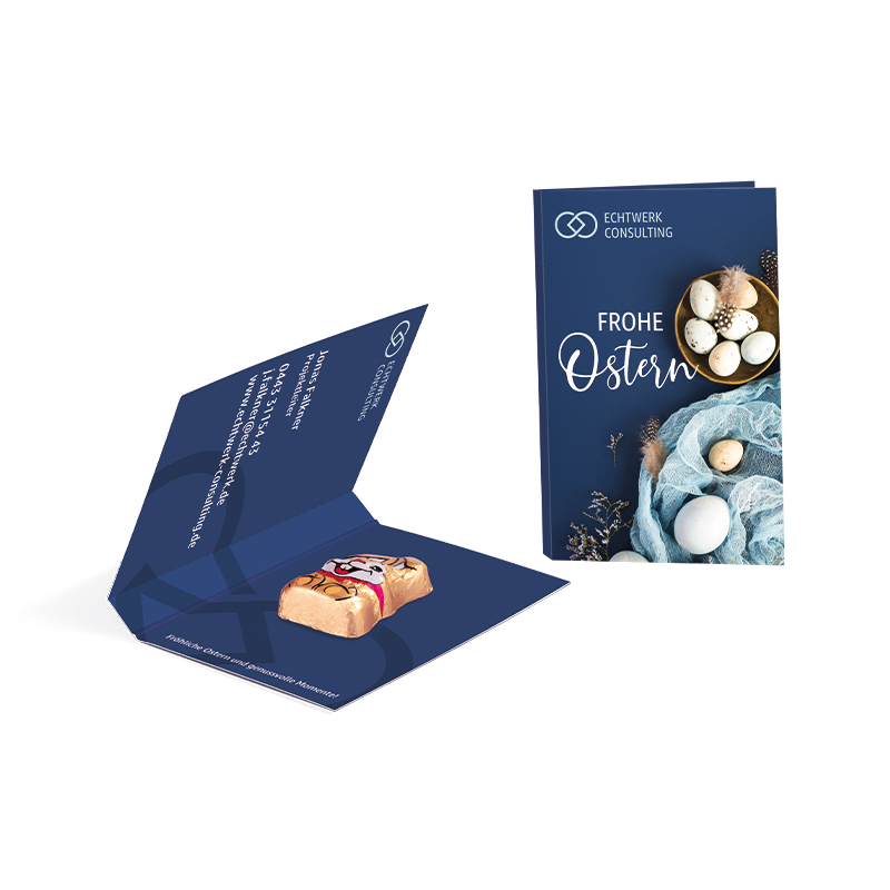 Werbekarte Visitenkartenformat, Riegelein Schokoladen Mini-Osterhase Werbekarte Visitenkartenformat, Riegelein Schokoladen Mini-Osterhase