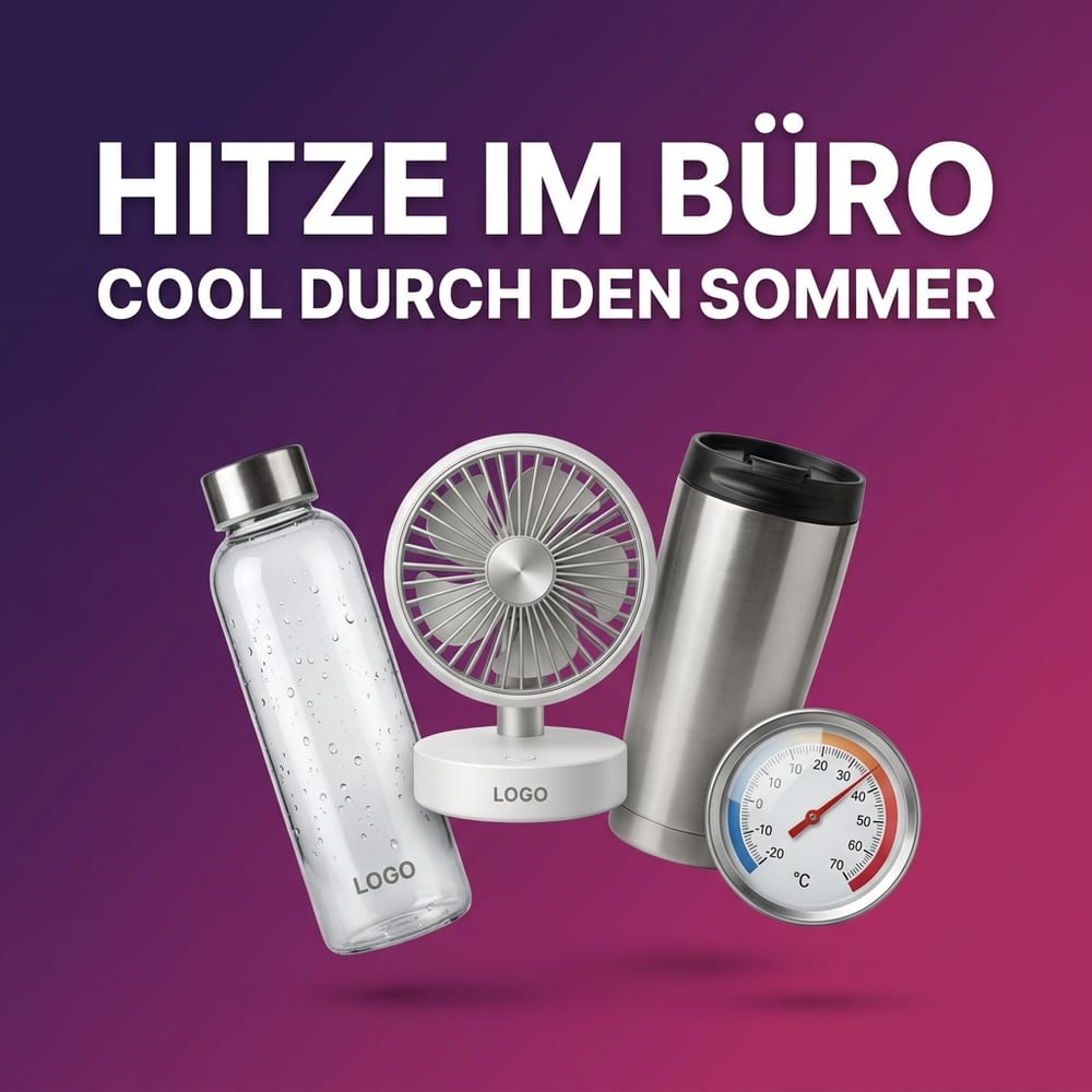 Werbeartikel gegen Hitze im Büro mit Logo-Druck – Trinkflasche, kleiner Tischventilator und Thermobecher vor einem Thermometer bei sommerlichen Temperaturen