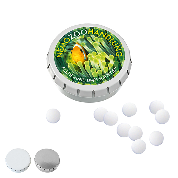 SUPER-MINI-Drück-mich-Dose mit Pfefferminzpastillen, 20g SUPER-MINI-Drück-mich-Dose mit Pfefferminzpastillen, 20g