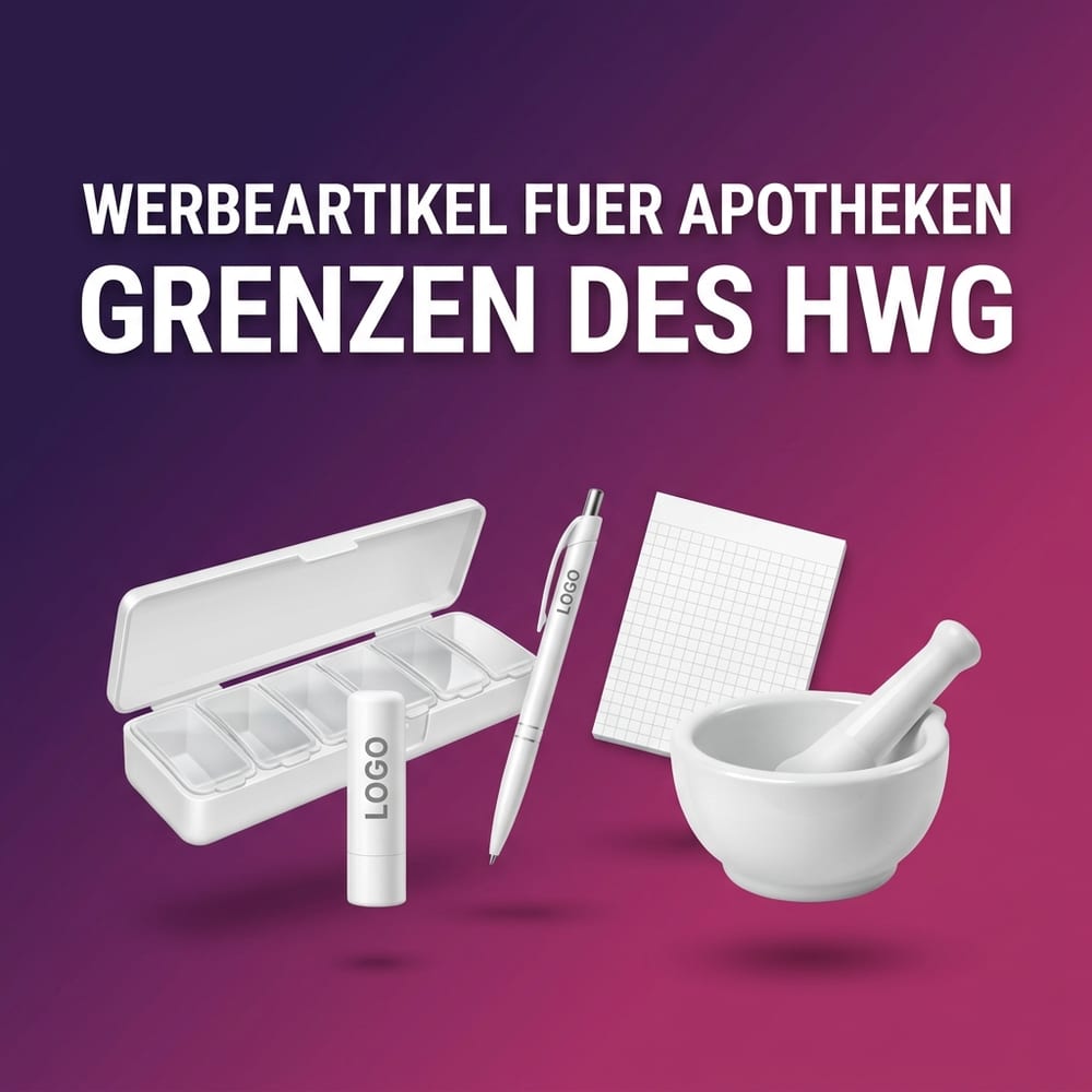Werbeartikel für Apotheken und Praxen – Pillendose, Lippenpflegestift, Kugelschreiber und Notizblock mit Logo-Druckfläche