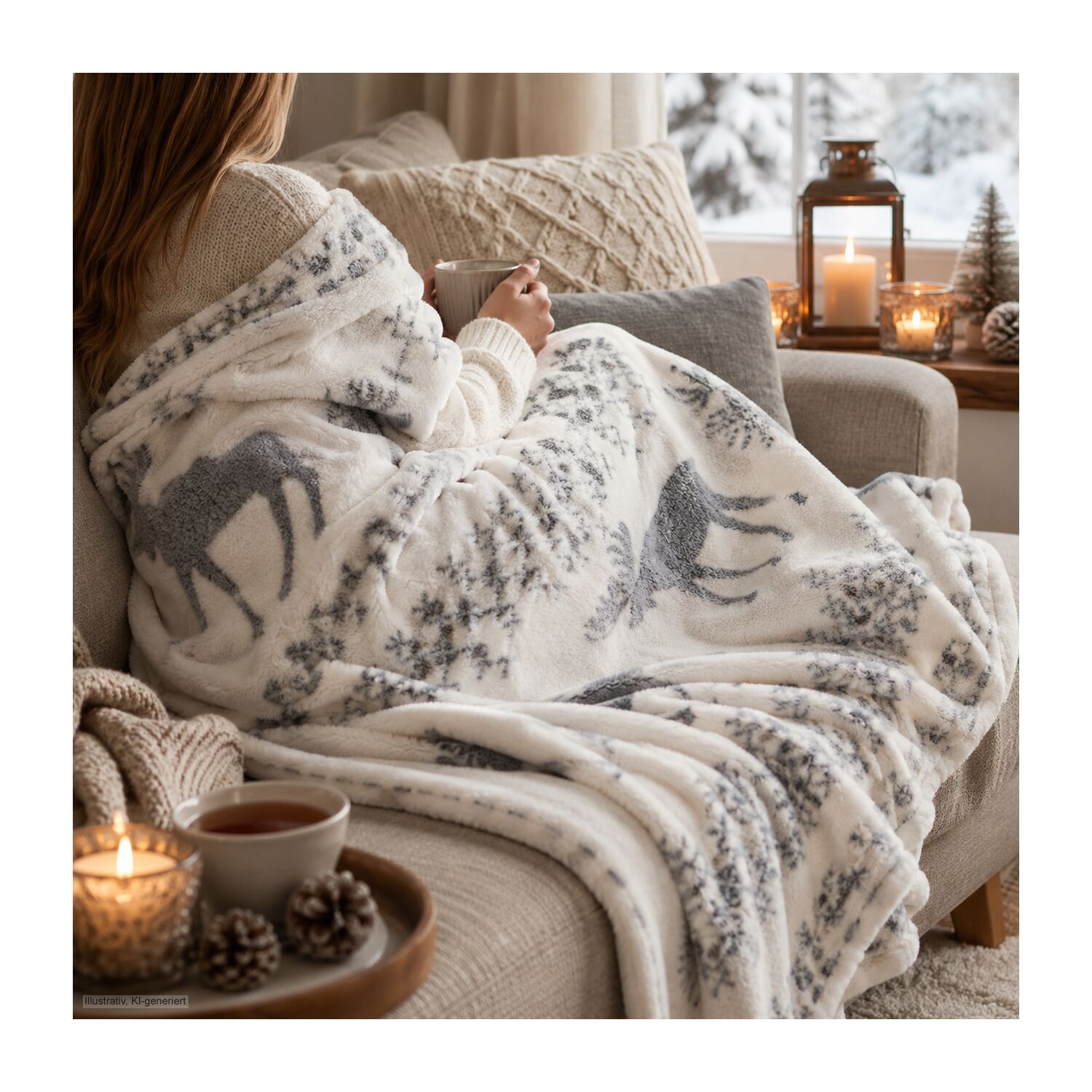 Kuscheldecke Rudolph weiß / grau - 120 x 150 cm, 190 g / m²