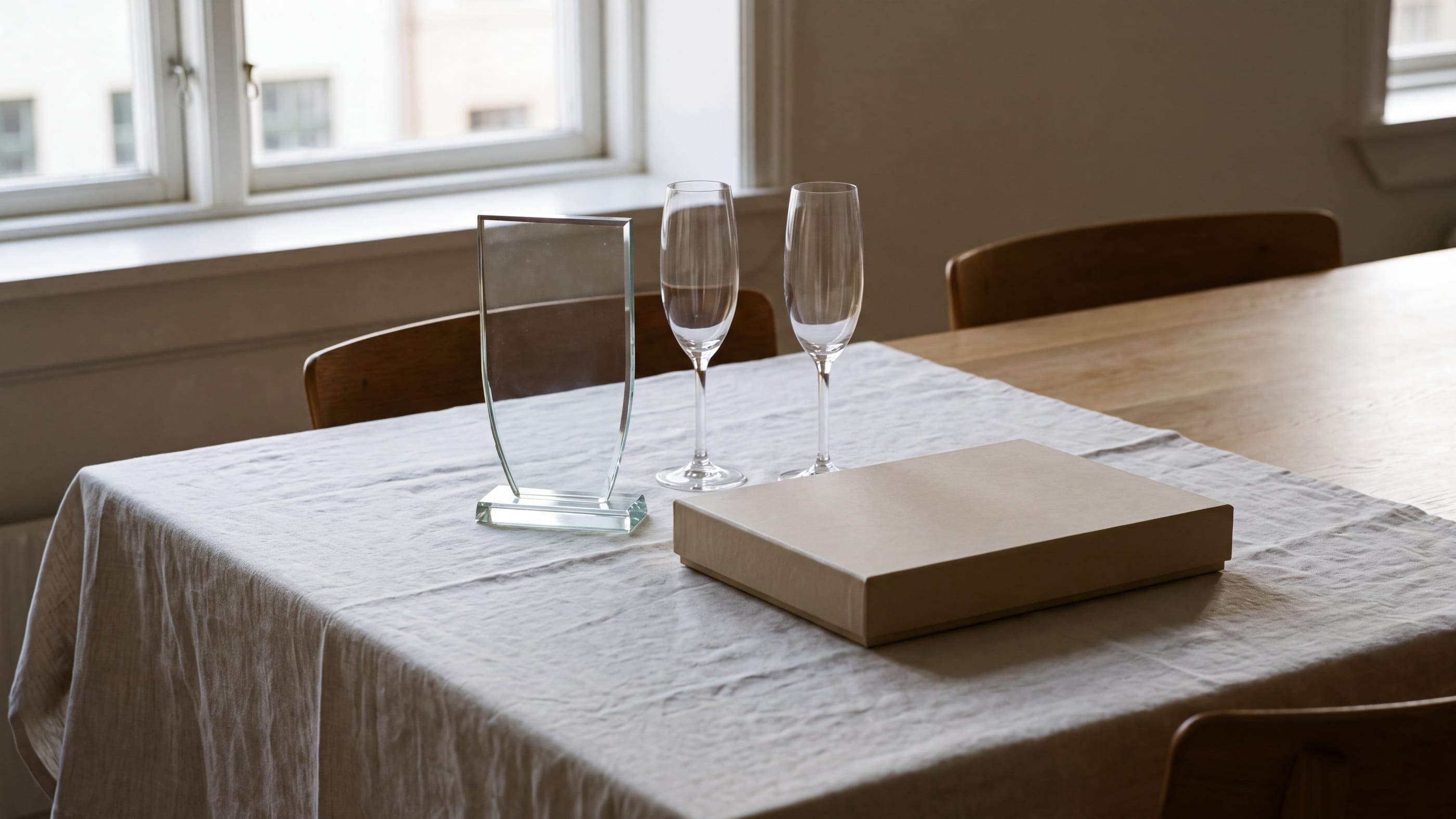 Ein aufgeräumter Tisch mit hellem Leinentuch, darauf eine unbeschriftete Glastrophäe, zwei leere Sektgläser und eine flache geschlossene Geschenkschachtel ohne Aufdruck.